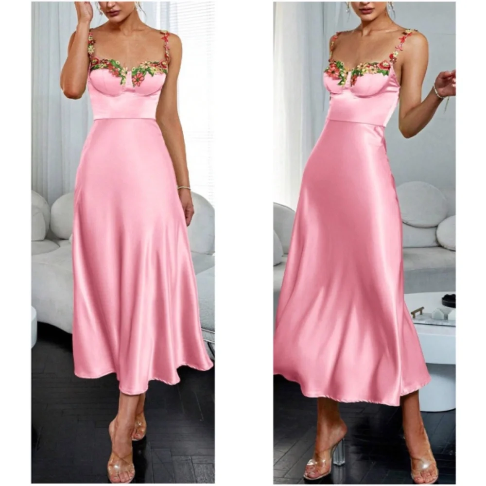 Luxe Floral Embroidered Satin Midi Evening party Midi Dress - Picture 2 of 9
